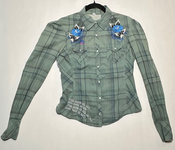 3J Workshop Johnny Was Embroidered Plaid Snap Shirt Green M Y2K Rock N Roll - Picture 1 of 12